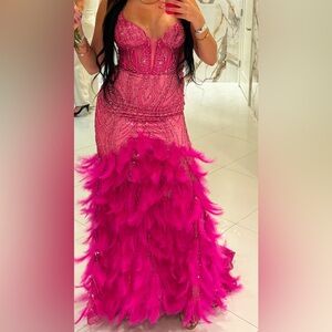 Sheer Bodice V-neck Mermaid Dress Embellished Feathers and Beads by LaDivine